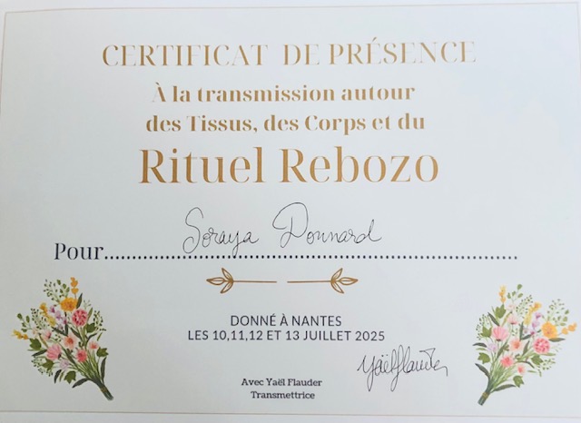 Certificat rituel Rebozo Soraya Donnard 07 2025 Certificat soin rituel rebozo Soraya Donnard